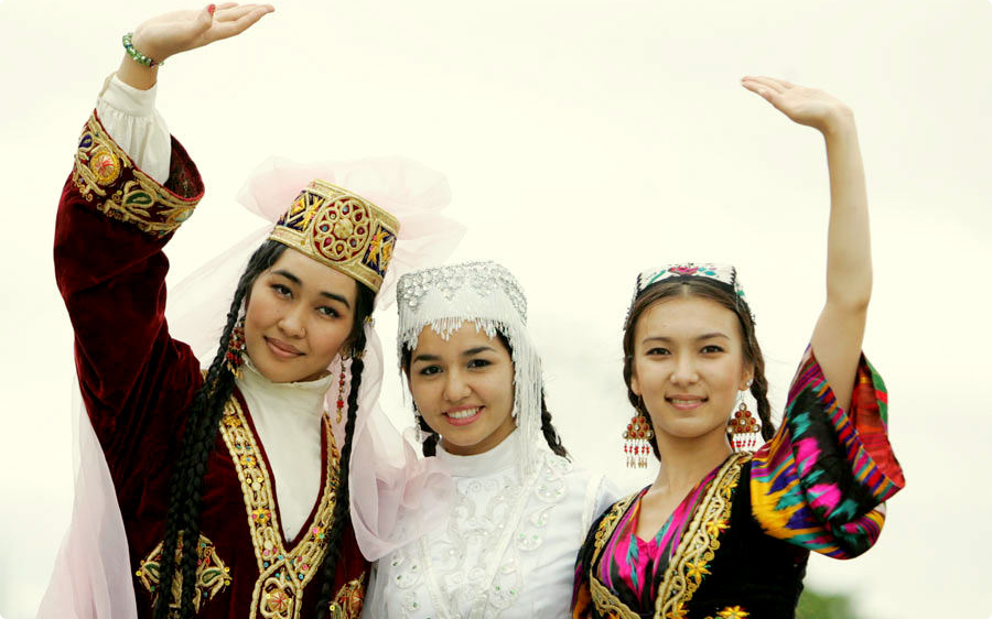 Uzbek girls in tradtional outfits.